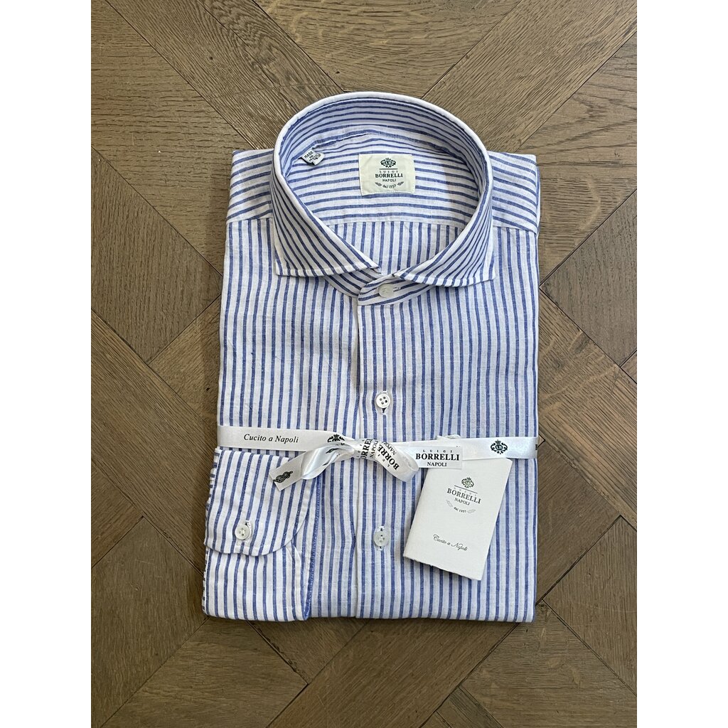 Borrelli Chemise Borrelli en lin blanc à col boutonné et fines rayures bleues SR11005
