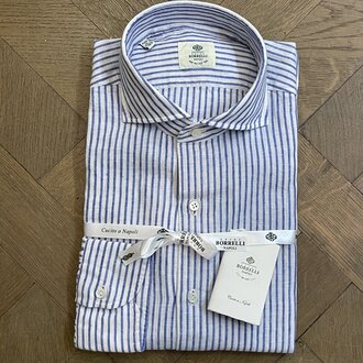 Borrelli Chemise Borrelli en lin blanc à col boutonné et fines rayures bleues