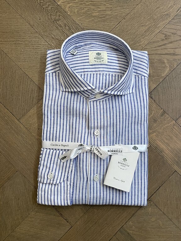 Borrelli Borrelli White linen button-down collar shirt with small Blue stripes SR11005