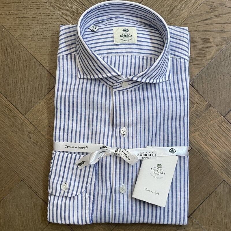 Borrelli Borrelli White linen button-down collar shirt with small Blue stripes