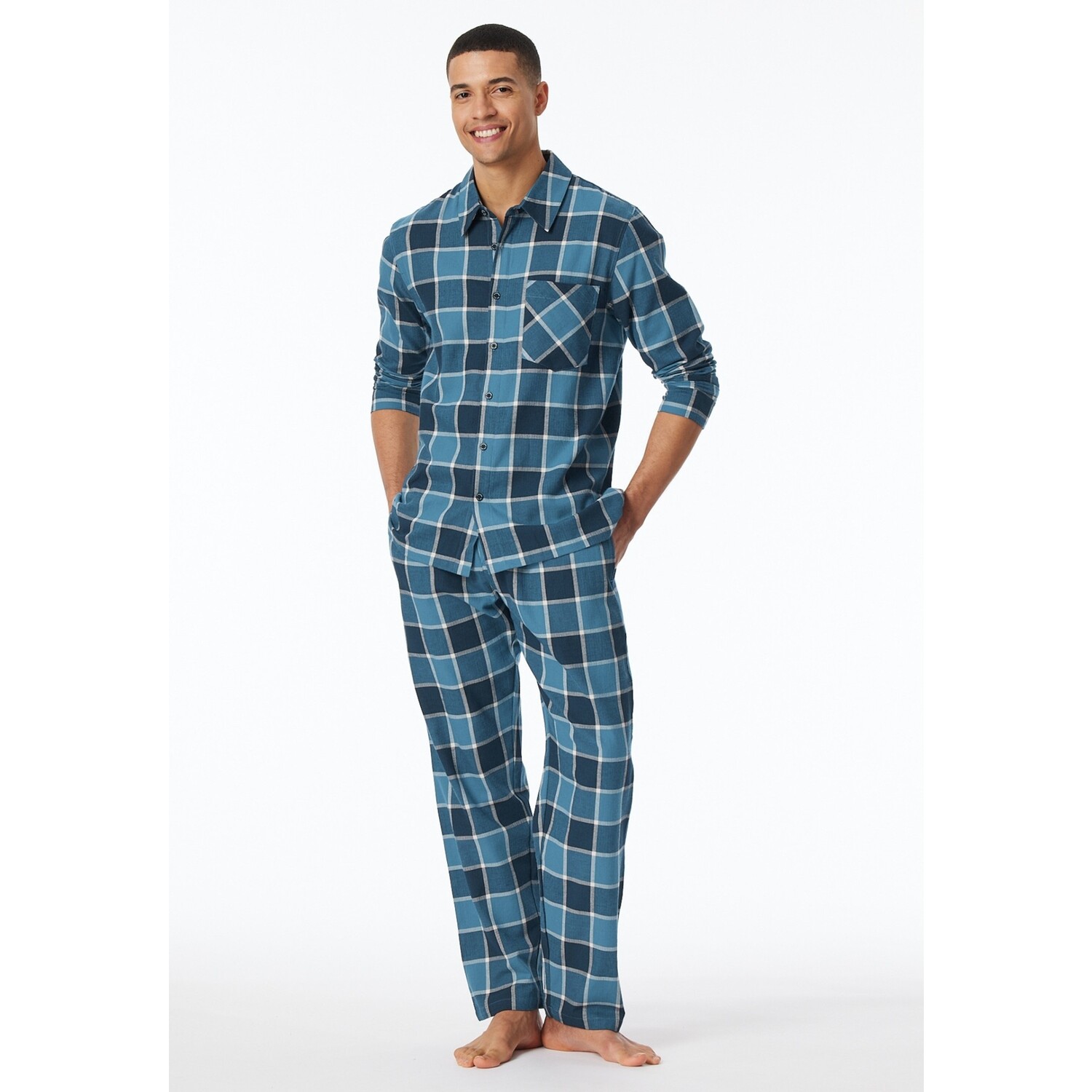 Heren Pyjama met knopen flanel jeansblauw Mooi Eronder