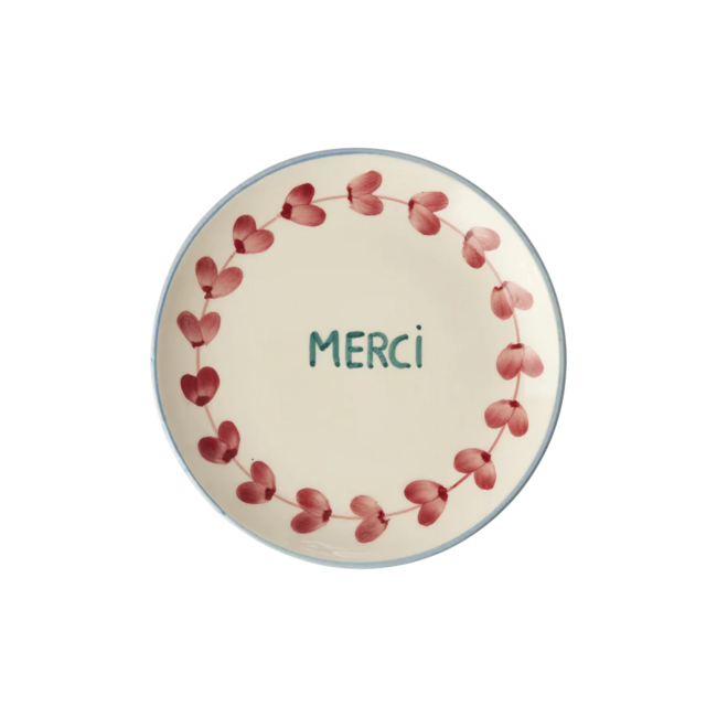 Rice Ceramic cake plate with hand painted MERCI