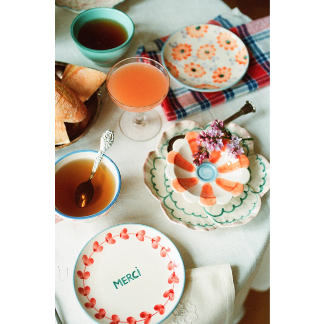 Ceramic cake plate with hand painted MERCI