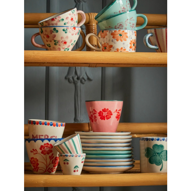 Ceramic oval espresso cup with hand painted cherries