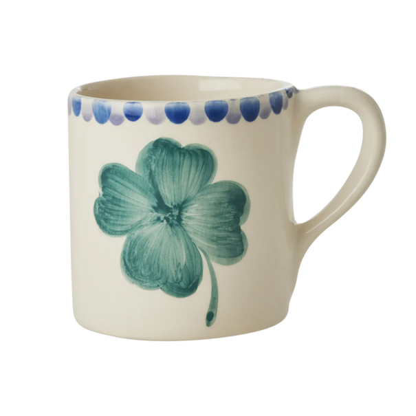 Rice Ceramic mug with hand painted Good Luck clover
