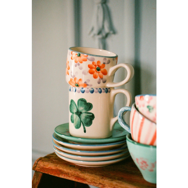 Ceramic mug with hand painted Good Luck clover