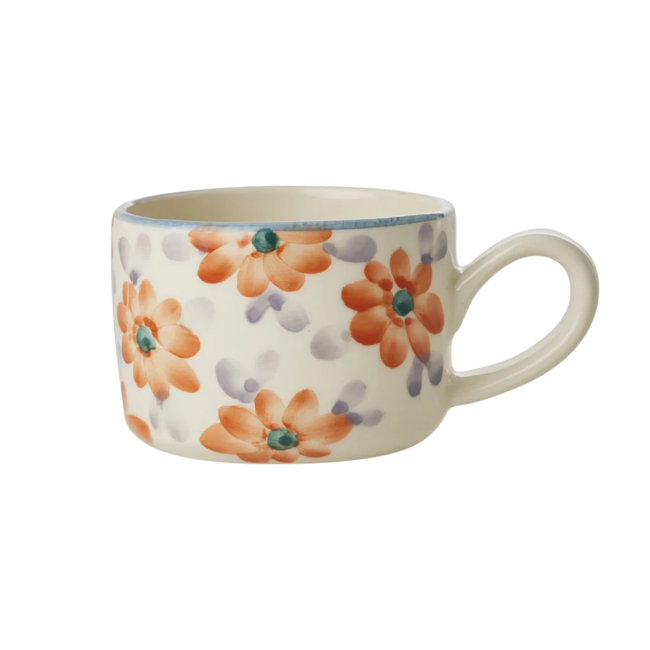 Rice Ceramic cappuccino cup with hand painted flowers orange