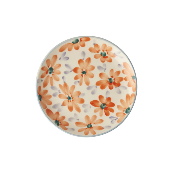 Rice Ceramic cake plate with hand painted flowers orange