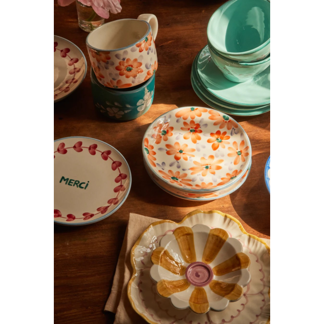 Ceramic cake plate with hand painted flowers orange