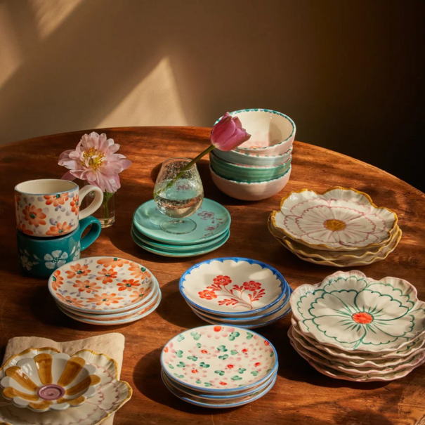 Rice Ceramic cake plate with hand painted flowers pink