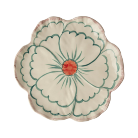 Ceramic flower shaped side plate with pink border