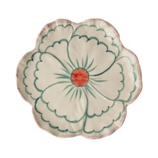 Ceramic flower shaped side plate with pink border