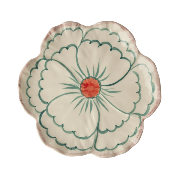 Rice Ceramic flower shaped side plate with pink border