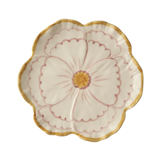 Ceramic flower shaped side plate with yellow border