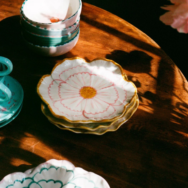 Rice Ceramic flower shaped side plate with yellow border