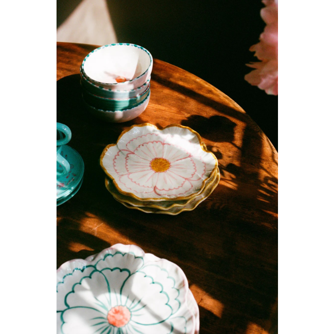 Ceramic flower shaped side plate with yellow border