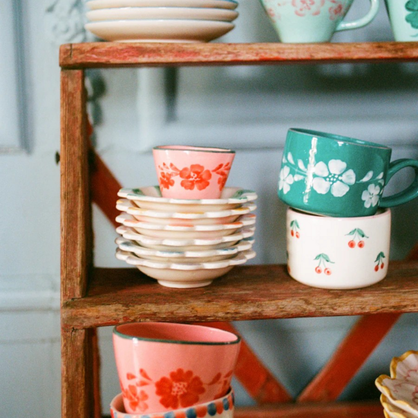 Rice Ceramic oval cup with hand painted orange flower vine