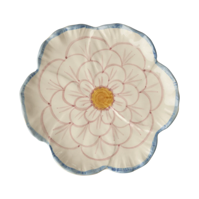 Cermaic Flower shaped side plate with blue border