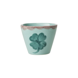Ceramic oval espresso cup with hand painted good luck