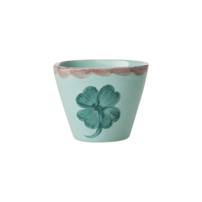 Ceramic oval espresso cup with hand painted good luck