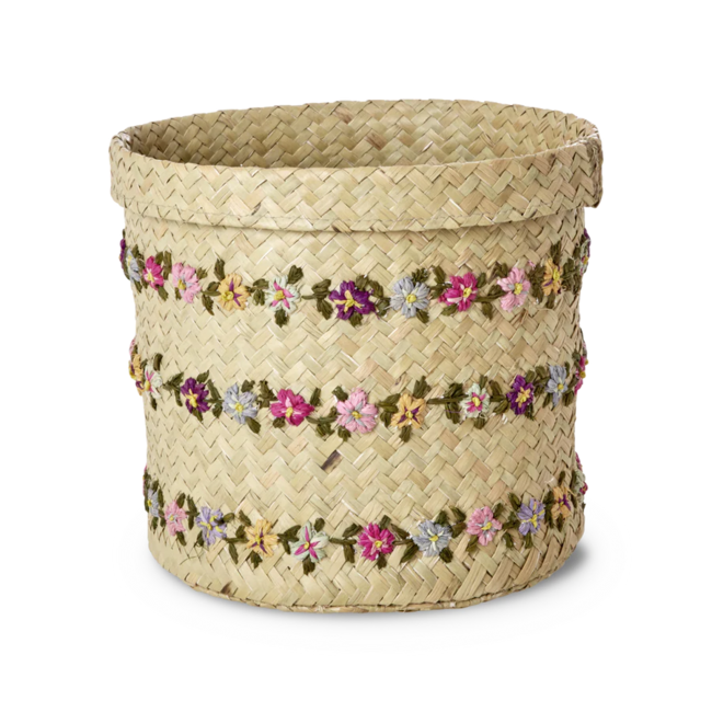 Raffia Round Basket with Flower Vines