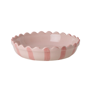 Stoneware Pie Dish in Pink with Coral Stripes  and Edge