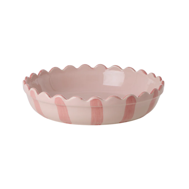 Rice Stoneware Pie Dish in Pink with Coral Stripes  and Edge