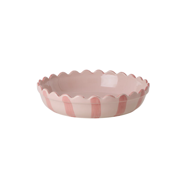 Stoneware Pie Dish in Pink with Coral Stripes  and Edge