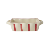 Stoneware Oven Dish in Creme with Red  Stripes and Pink Edge