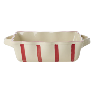 Stoneware Oven Dish in Creme with Red  Stripes and Pink Edge