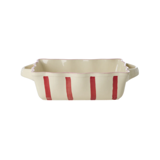 Rice Stoneware Oven Dish in Creme with Red  Stripes and Pink Edge