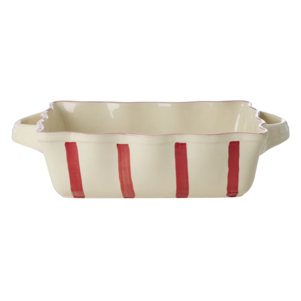 Rice Stoneware Oven Dish in Creme with Red  Stripes and Pink Edge