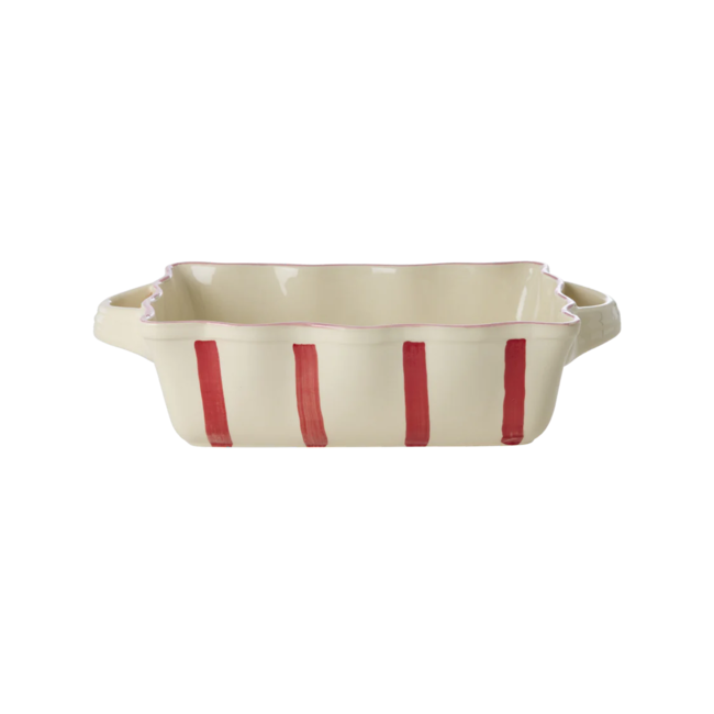 Stoneware Oven Dish in Creme with Red  Stripes and Pink Edge