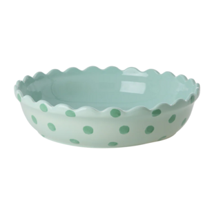 Stoneware Pie Dish in Mint with Green Dots