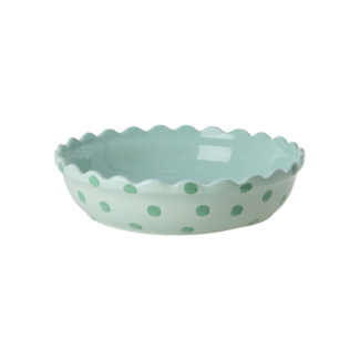 Rice Stoneware Pie Dish in Mint with Green Dots