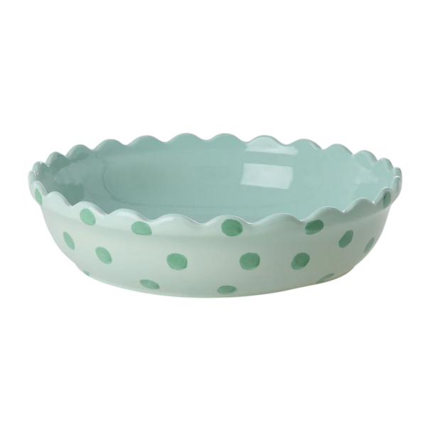 Rice Stoneware Pie Dish in Mint with Green Dots