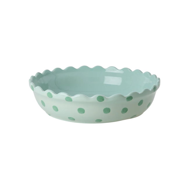 Rice Stoneware Pie Dish in Mint with Green Dots