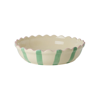 Rice Stoneware Pie Dish in Creme with Green  Stripes and Coral Edge