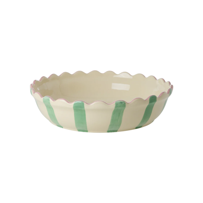 Rice Stoneware Pie Dish in Creme with Green  Stripes and Coral Edge