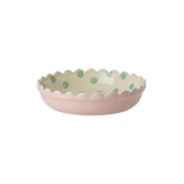 Stoneware Pie Dish Pink - Creme -Green Dots
