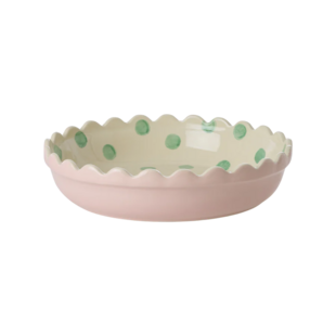 Stoneware Pie Dish Pink - Creme -Green Dots