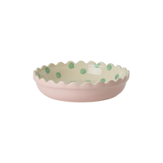 Rice Stoneware Pie Dish in Two Tone Pink and  Creme with Green Dots