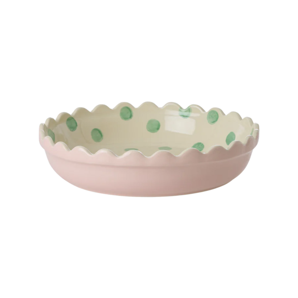 Rice Stoneware Pie Dish Pink - Creme -Green Dots