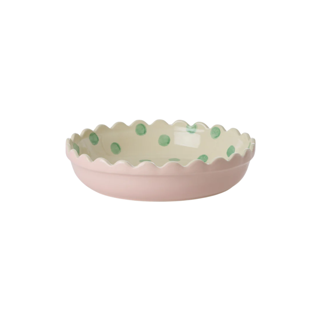 Rice Stoneware Pie Dish in Two Tone Pink and  Creme with Green Dots