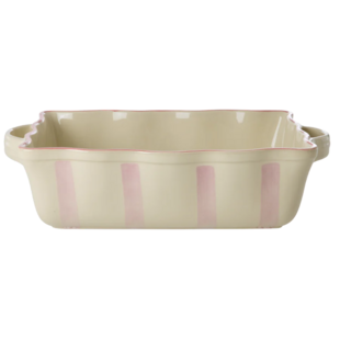 Stoneware Oven Dish in Creme with Pink  Stripes and Coral Edge