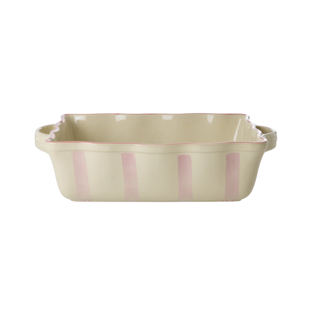 Rice Stoneware Oven Dish in Creme with Pink  Stripes and Coral Edge