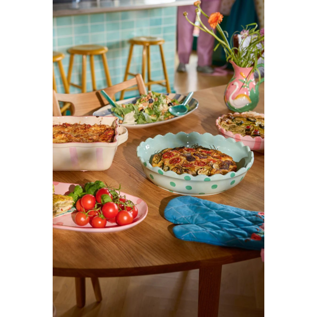 Stoneware Pie Dish in Pink with Coral Stripes  and Edge