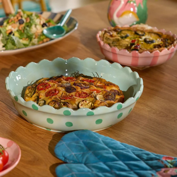 Rice Stoneware Pie Dish in Mint with Green Dots