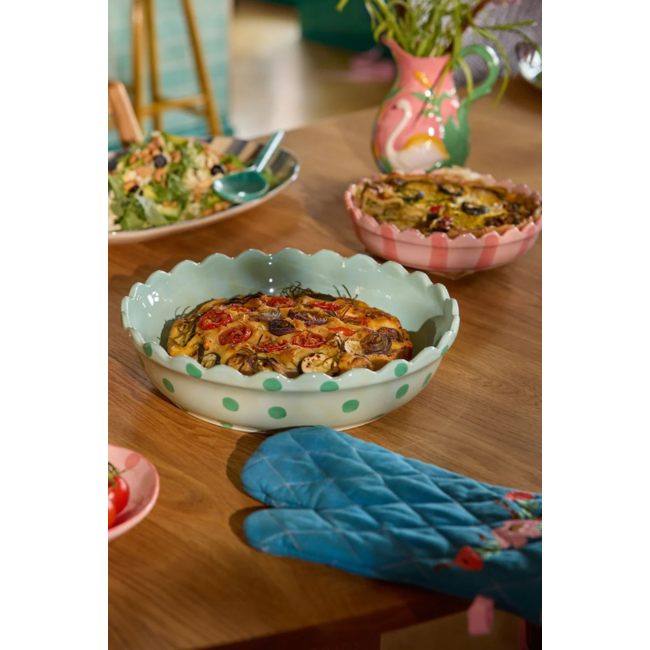 Stoneware Pie Dish in Mint with Green Dots