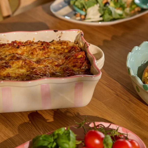 Rice Stoneware Oven Dish in Creme with Pink  Stripes and Coral Edge